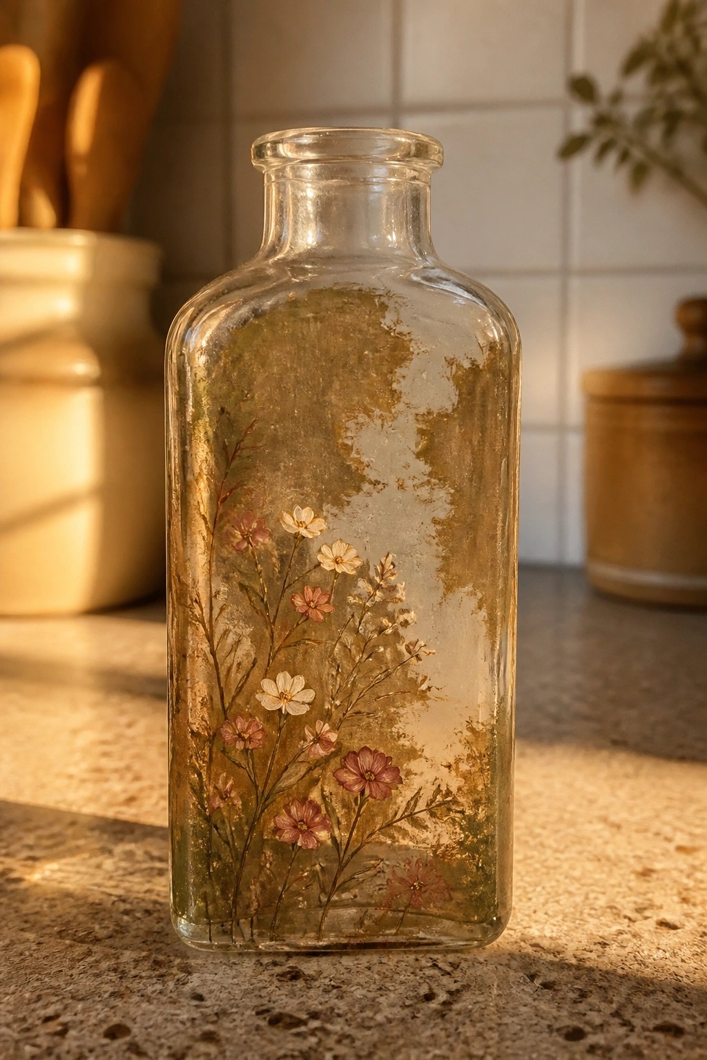 Weathered glass bottle with pink and white pressed flowers in warm sunlight