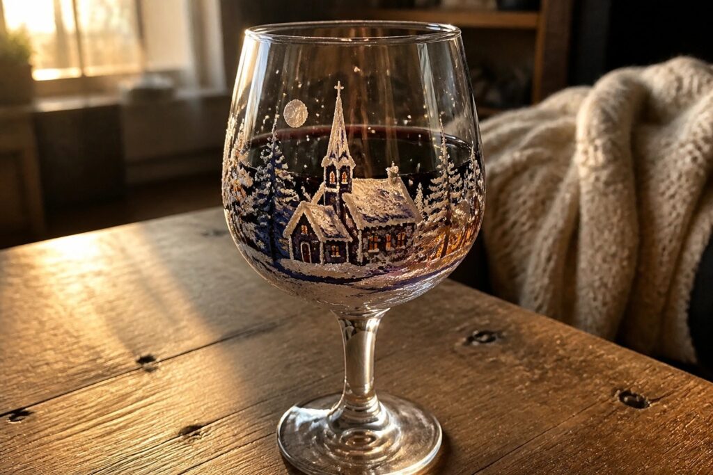 Painted wine glass with snowy village, church, and starry night sky on wooden table