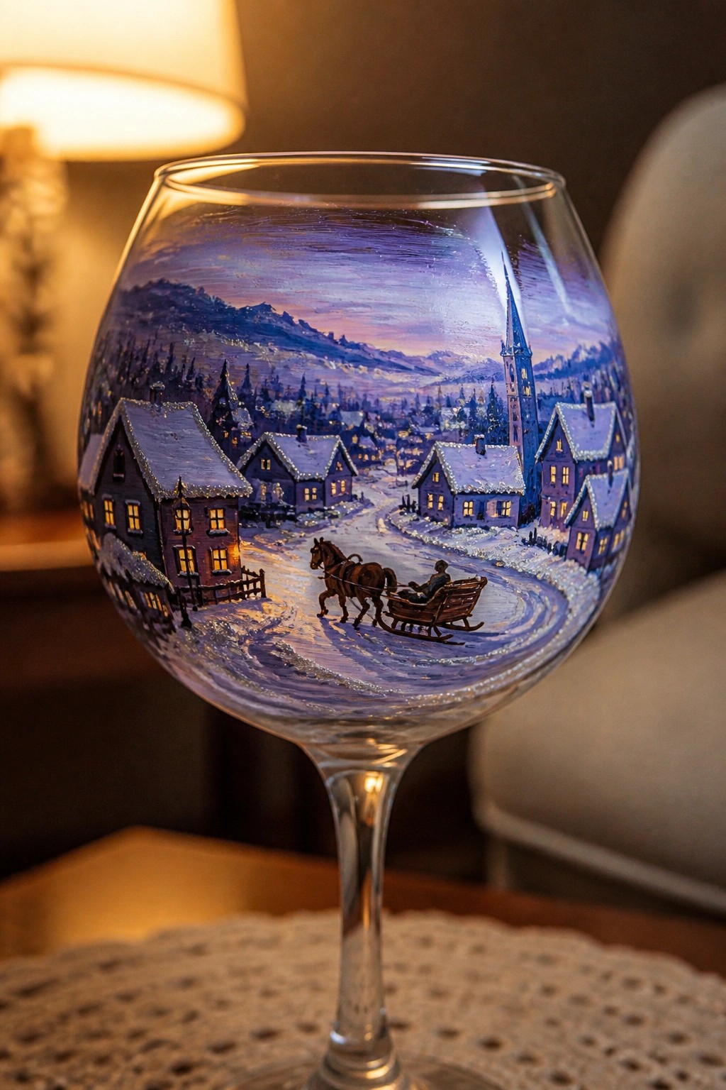 Hand-painted wine glass with snowy purple village, horse-drawn sleigh, and glowing church steeple.