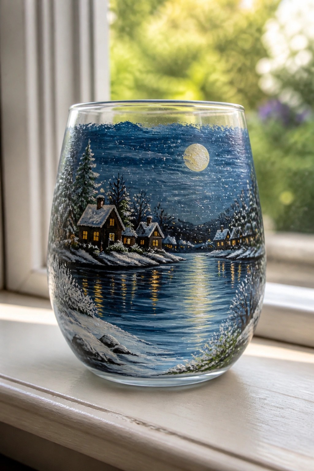 Painted glass tumbler with snowy village, moonlit river, and glowing windows on sill.