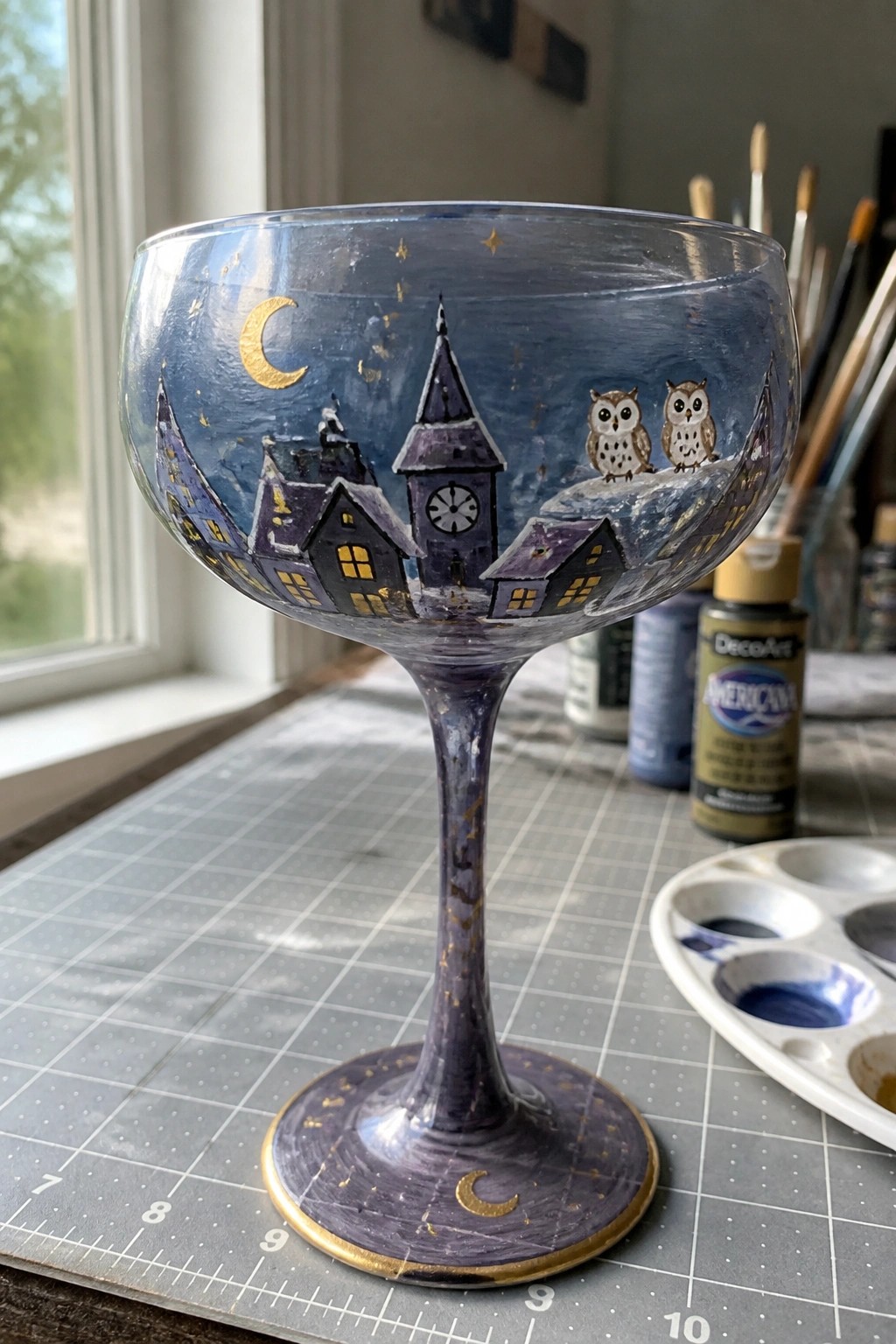 Hand-painted purple coupe glass with snowy village, clock tower, owls, moon, and gold stars.
