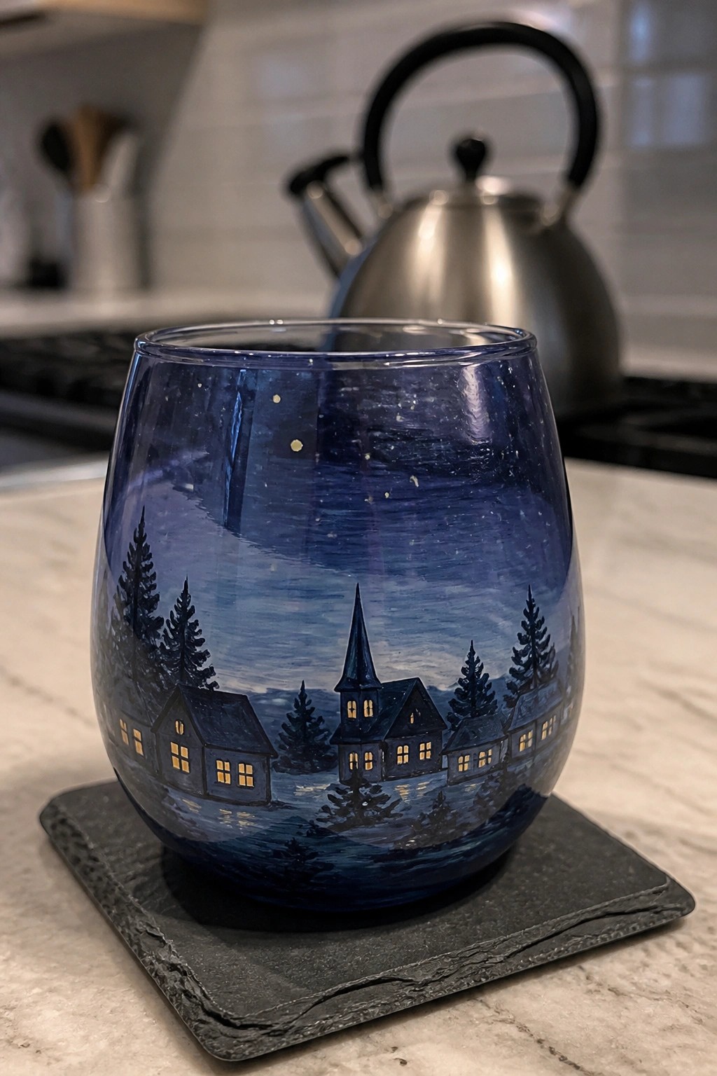 Painted blue glass with snowy village, church, and glowing windows on coaster