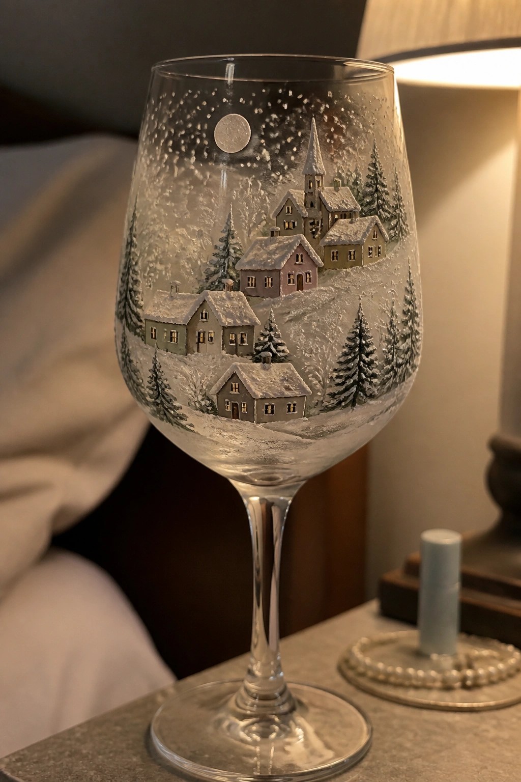 A clear stemmed wine glass painted with a snowy village of houses, a church, trees, and a moon on the bowl.