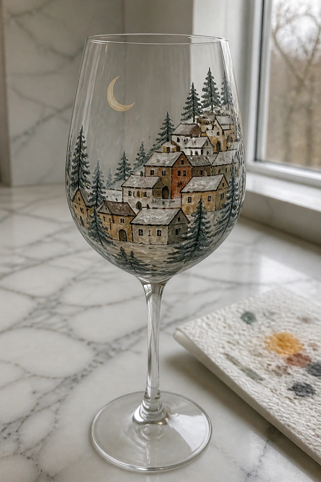Stemmed wine glass painted with snowy village, trees, and crescent moon on marble.