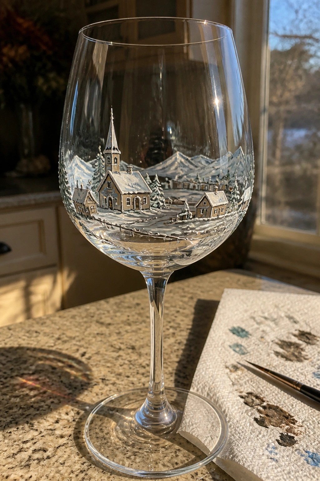 Wine glass with hand-painted snowy village scene of church and mountains on countertop.