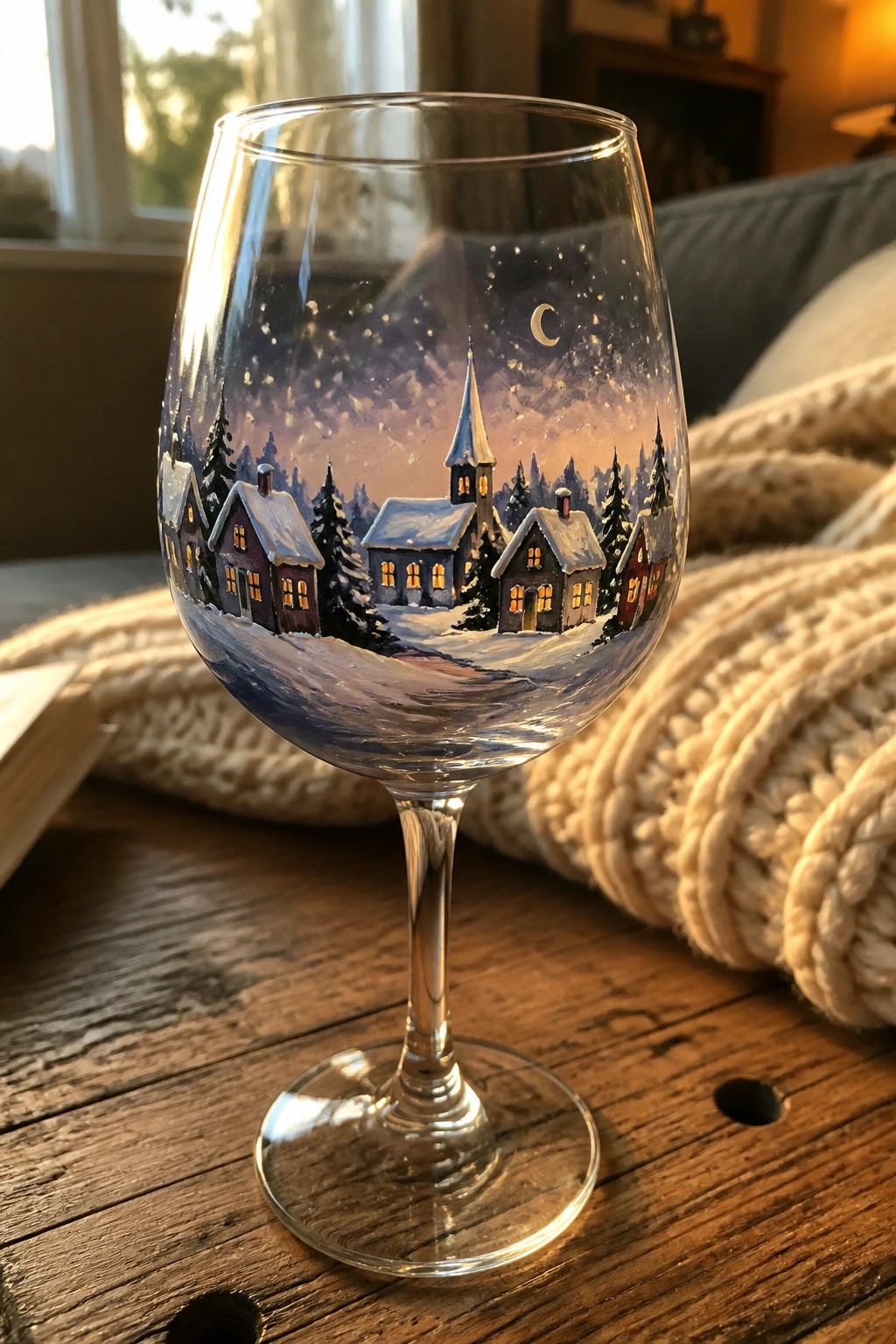 Painted wine glass with snowy village, church, and starry night sky on wooden table