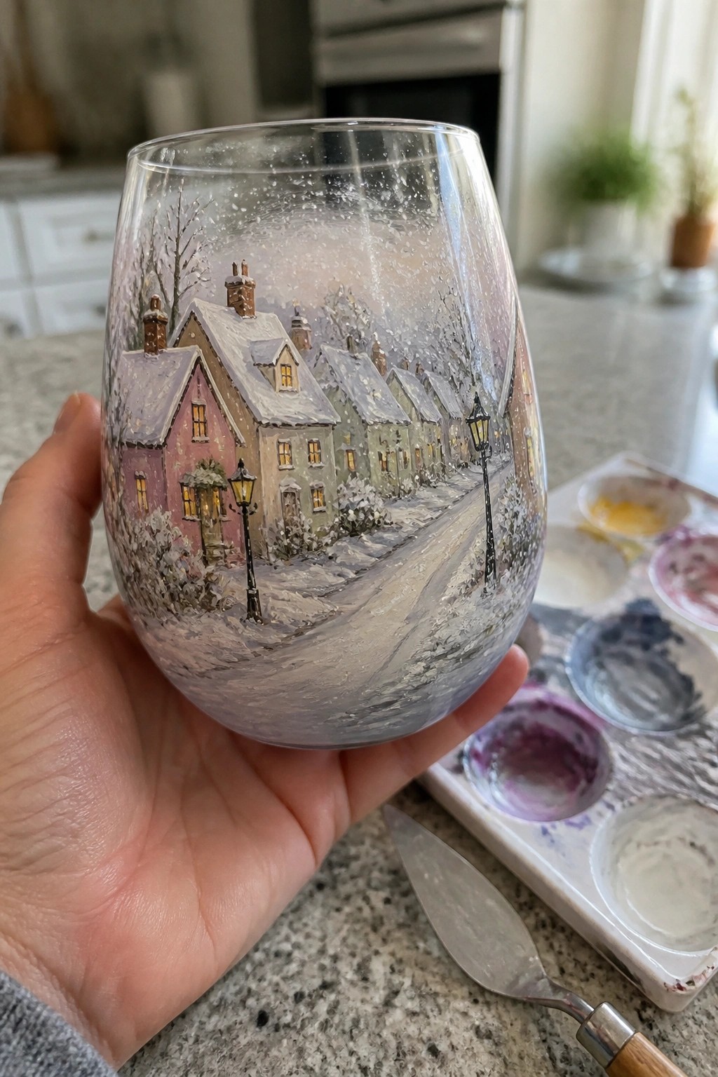 Hand holding stemless wine glass painted with snowy village scene beside paint palette.