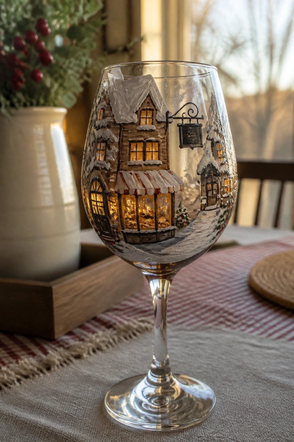 Clear wine glass hand-painted with snowy village scene and glowing windows