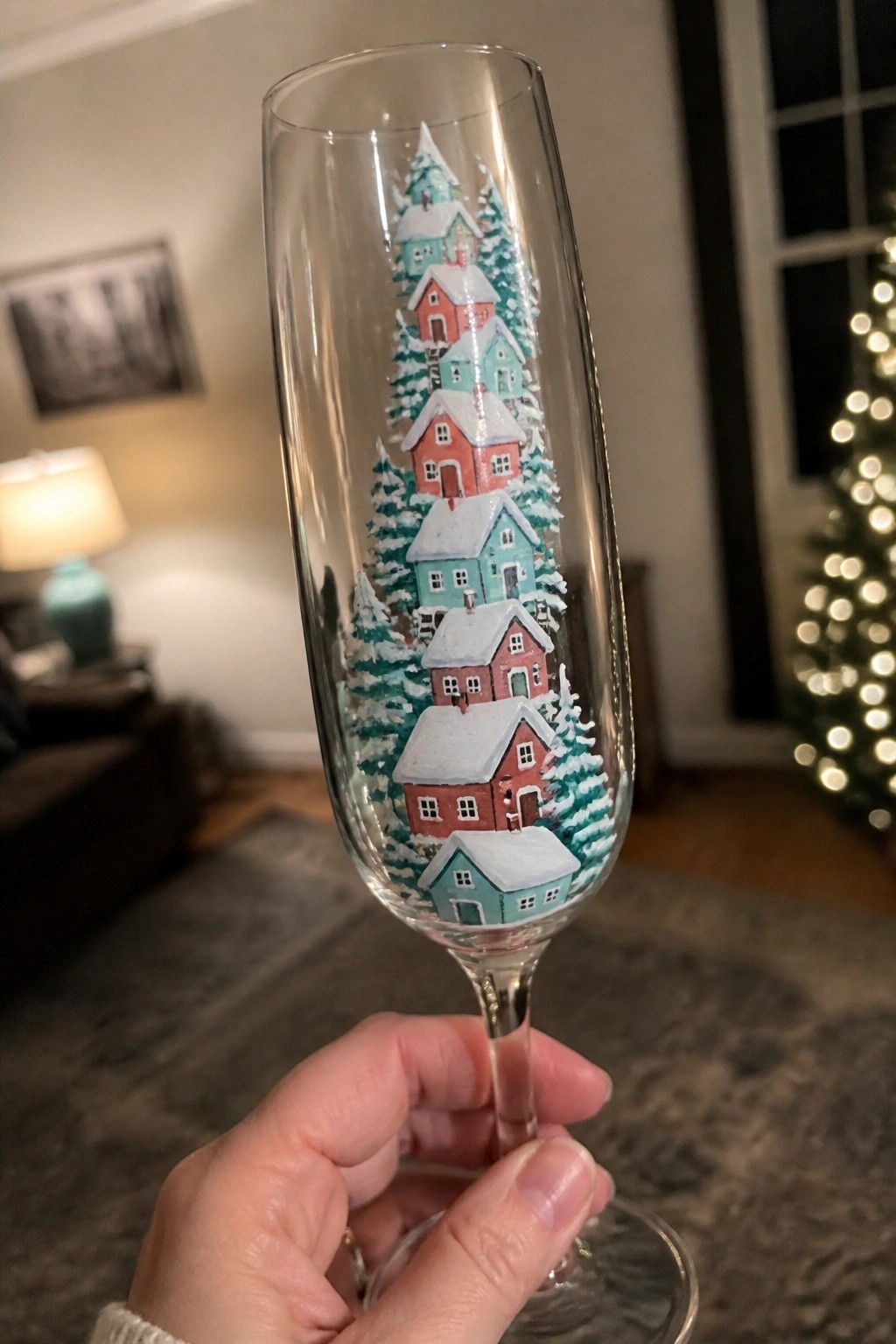 Hand holding champagne flute painted with colorful stacked houses and snowy trees