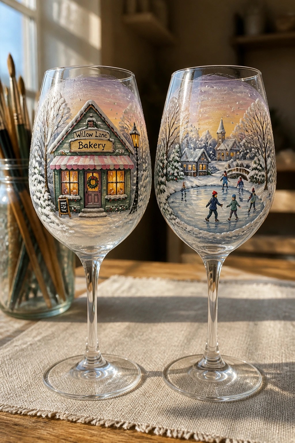 Two wine glasses hand-painted with snowy bakery and ice skating scenes.