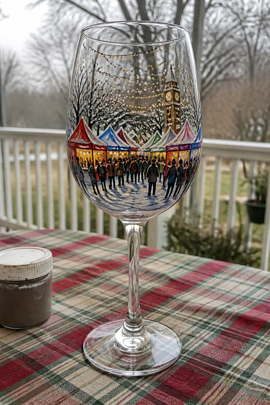 Wine glass hand-painted with snowy market, colorful tents, people, and clock tower on plaid table