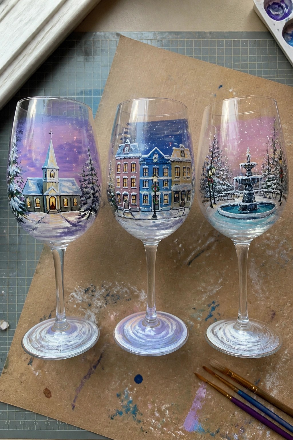 Three hand-painted wine glasses with snowy church, buildings, and fountain scenes.