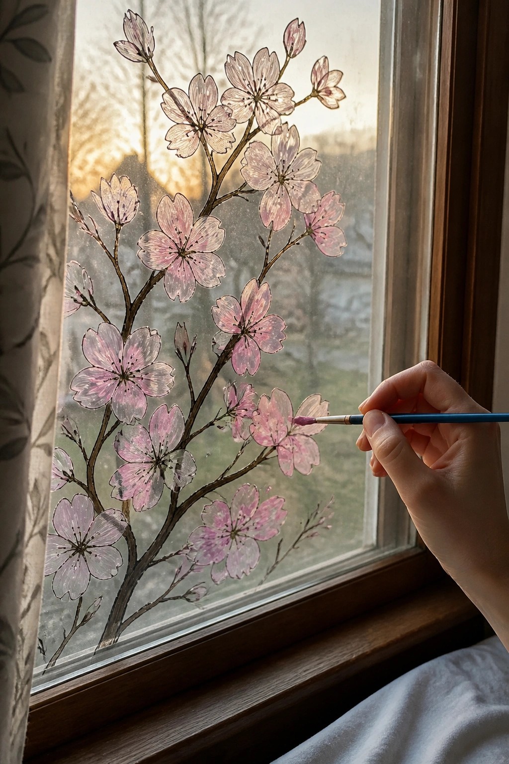 Hand painting pink cherry blossoms on a sunlit window with a blue brush