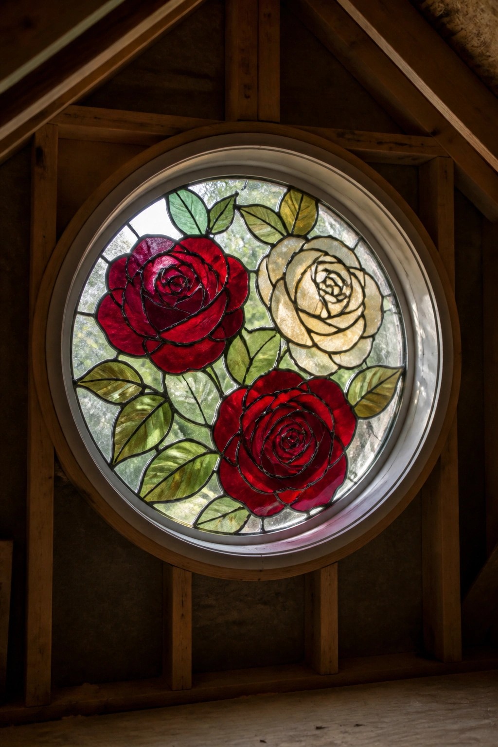 Circular stained glass window with red and white roses amid green leaves in wood frame.