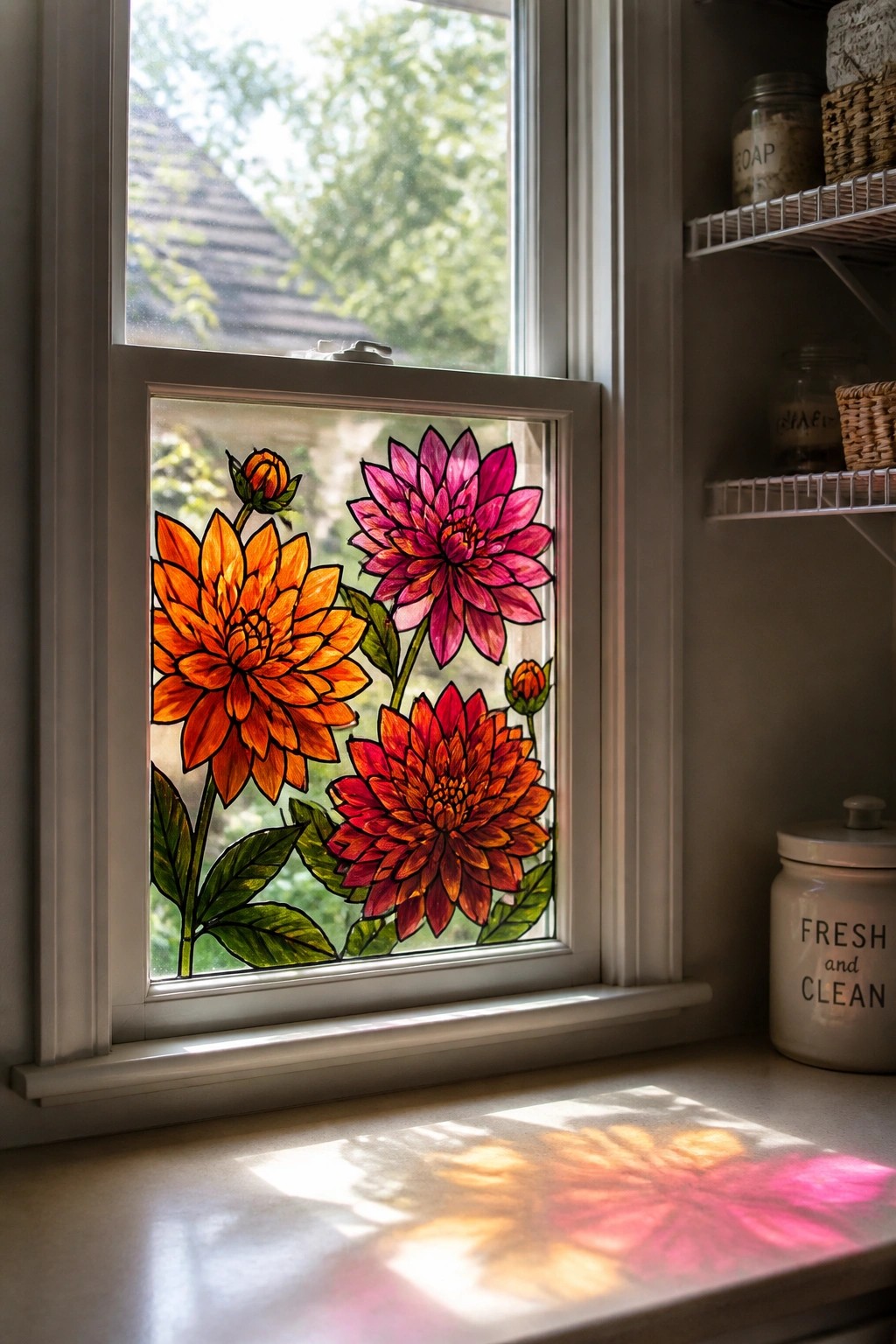 Stained glass dahlias casting vibrant shadows on a sunlit windowsill