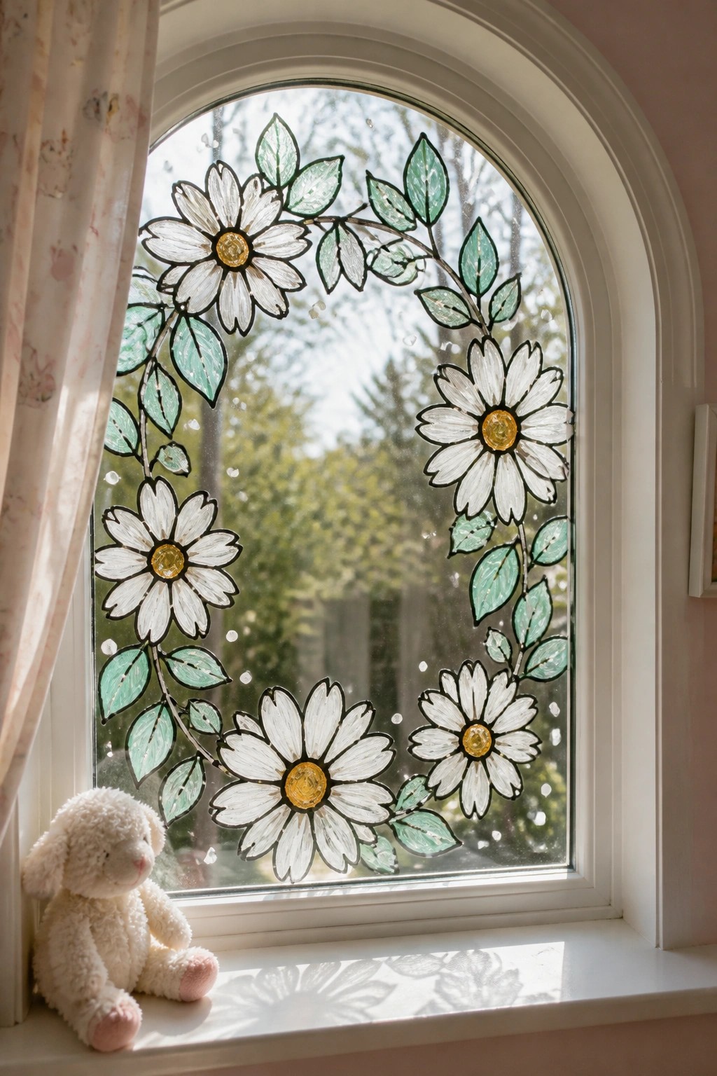 Arched window with white daisy floral decal and white stuffed bunny on sunny sill