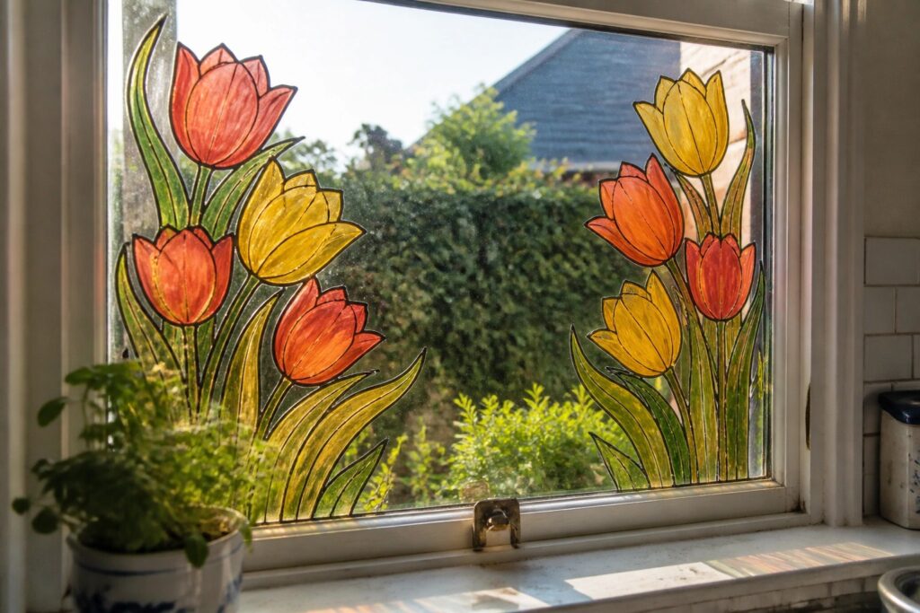 25 Artistic Flower Window Paintings That Create a Faux Stained Glass Effect Stained glass window with red, orange, and yellow tulips and green leaves