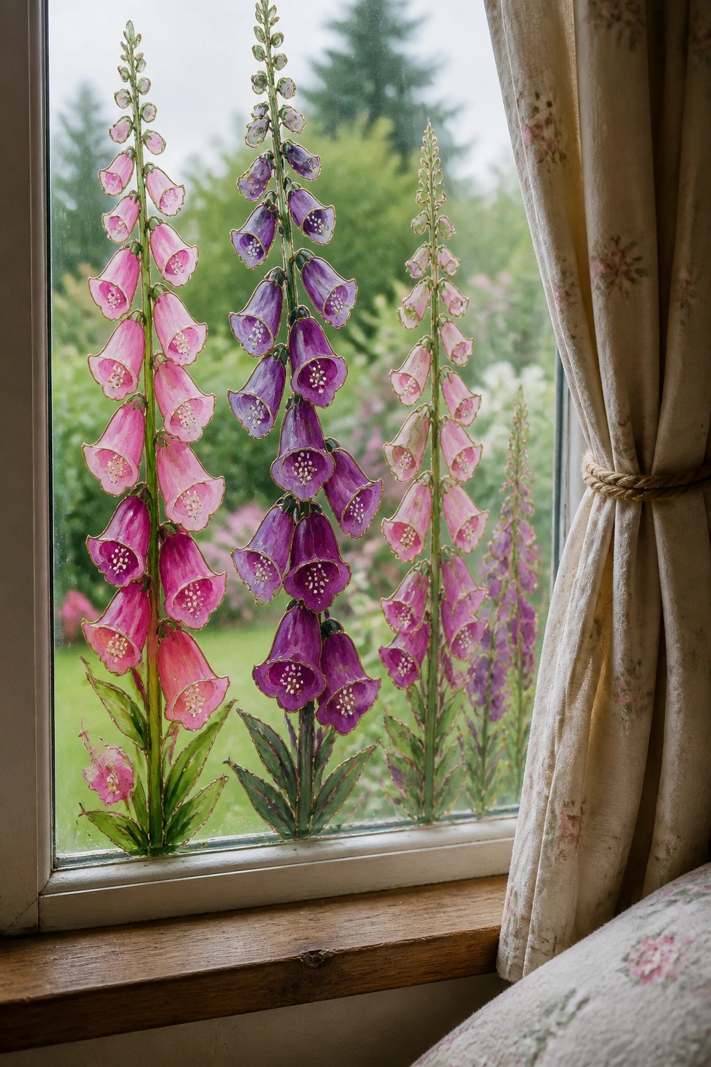 Pink and purple foxgloves painted on window beside tied floral curtain