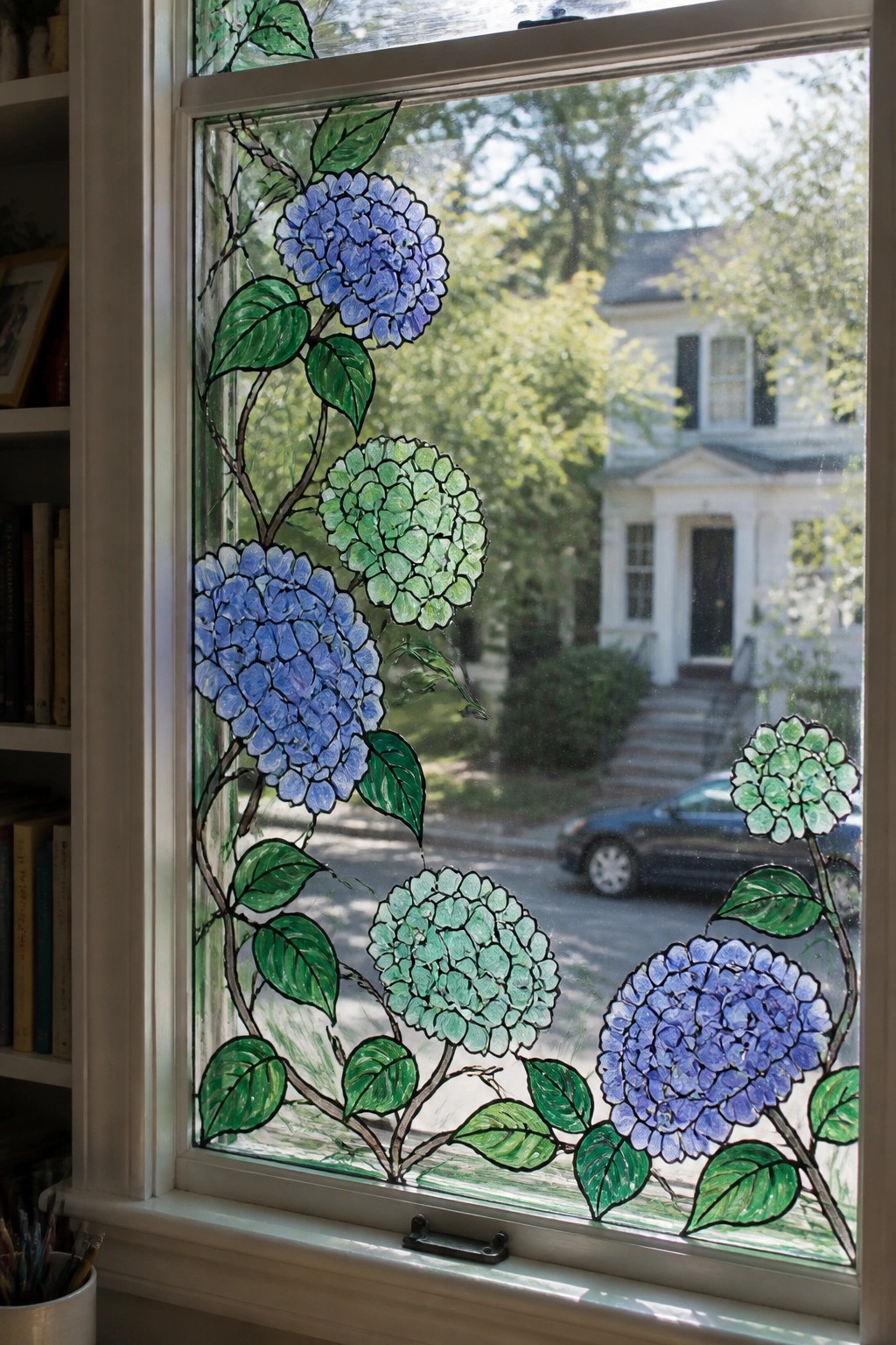 Blue and green hydrangea flowers painted on window overlooking house and car.