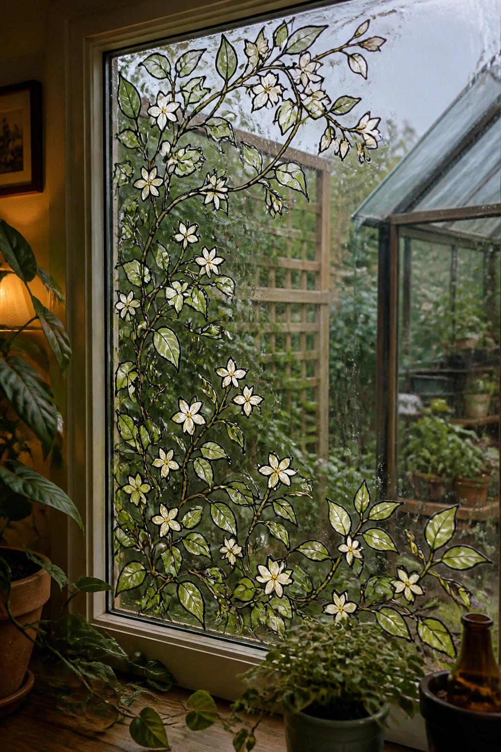 Stained glass window with white flowers and green vines, potted plants overlooking garden.