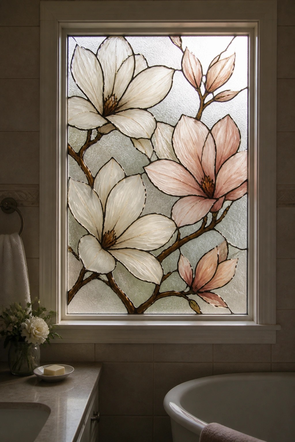 Stained glass window with white and pink magnolia flowers in bathroom