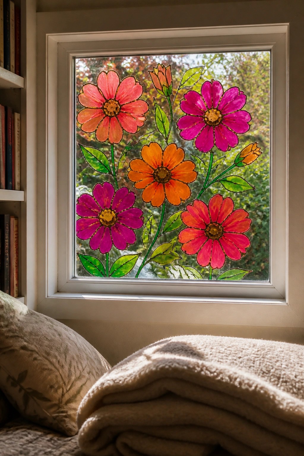 Colorful stained glass flowers on a window above a cozy blanket and pillow.