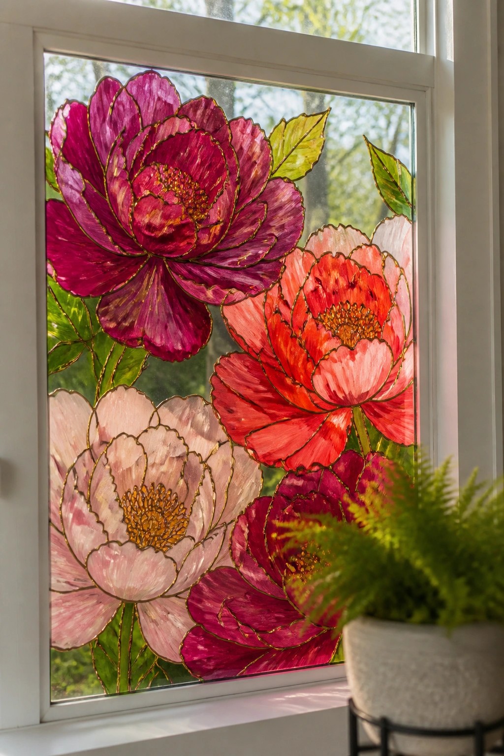 Stained glass window with vibrant magenta, red, and pink peonies and green leaves.
