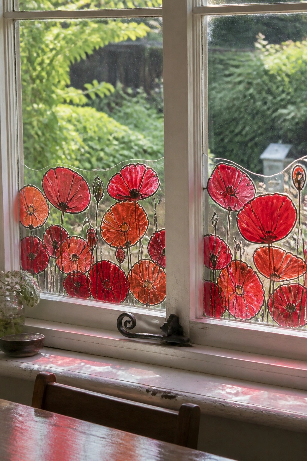Red and orange poppies decorate lower panes of white window with garden view