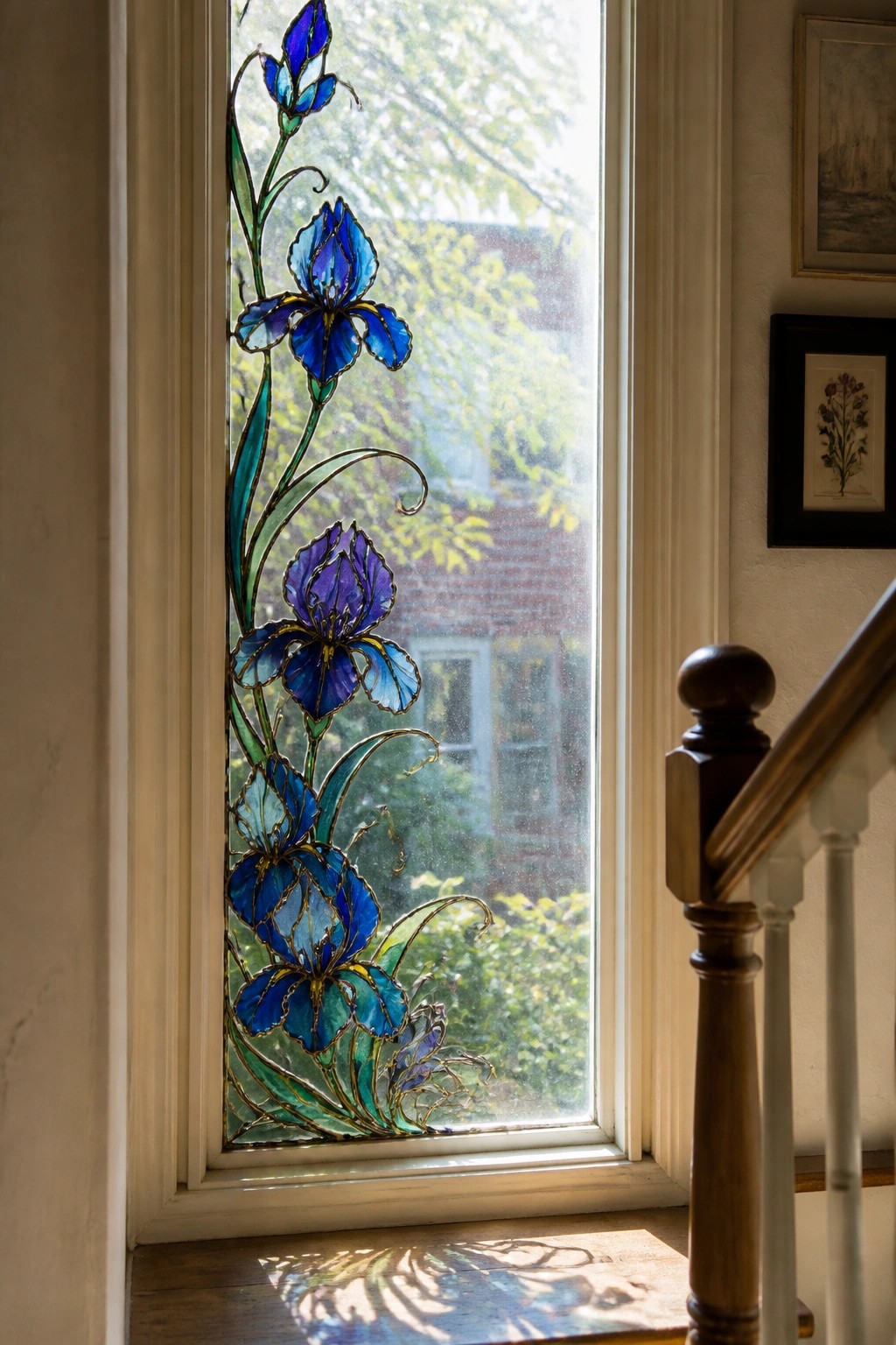 Stained glass window with blue irises beside wooden staircase railing on sunny floor.