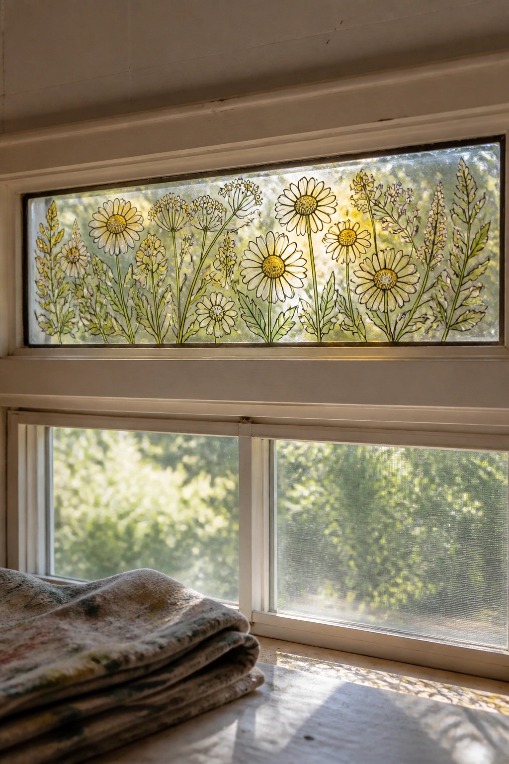 Stained glass floral transom with daisies above two windows and folded cloth on sill