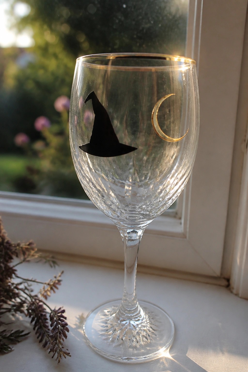 Wine glass with black witch hat and gold crescent moon on sunny windowsill with lavender.