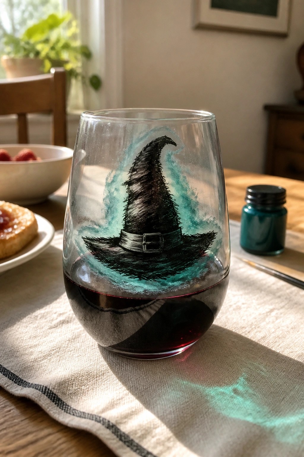 Stemless wine glass with black witch hat and teal splashes filled with red wine