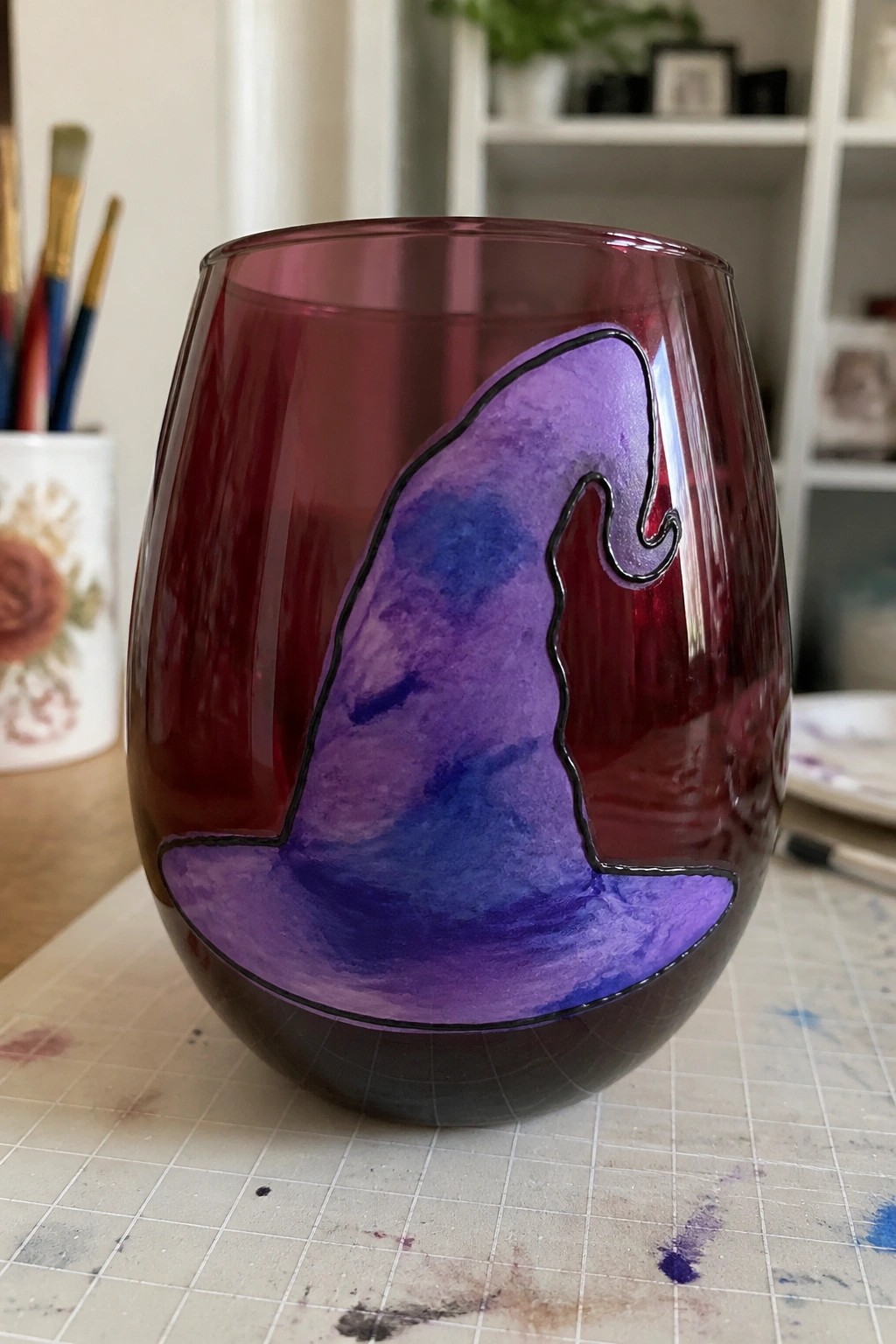 Purple stemless wine glass with watercolor witch hat in purple and blue.