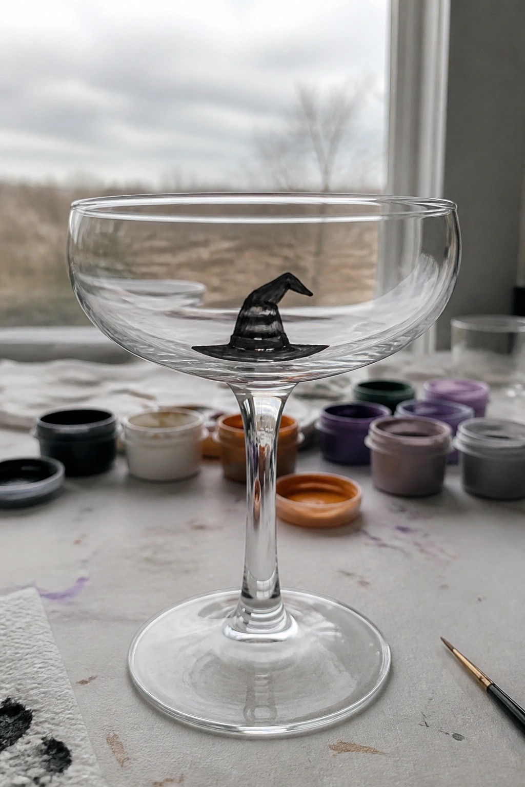Clear coupe glass with black witch hat amid colorful paint jars and brush.