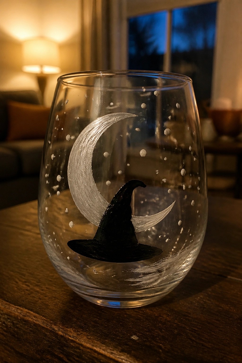 Stemless glass painted with silver crescent moon, black witch hat, and stars.