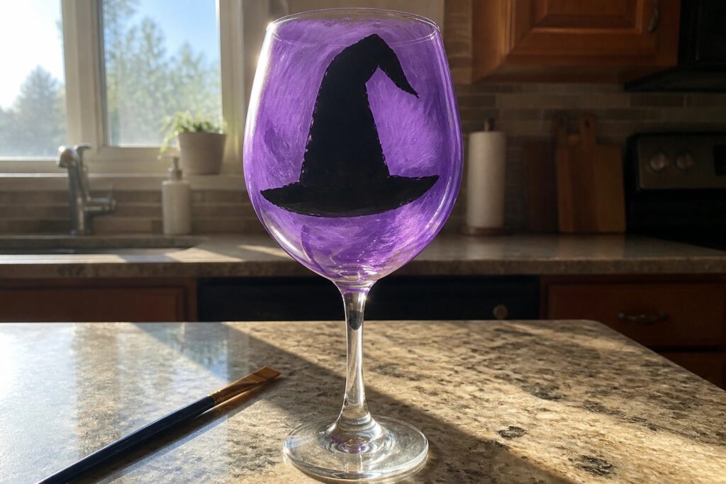 24 Beginner-Friendly Witch Wine Glass Painting Ideas Featuring Witch Hat Silhouettes Painted wine glass with black witch hat on purple background beside paintbrush