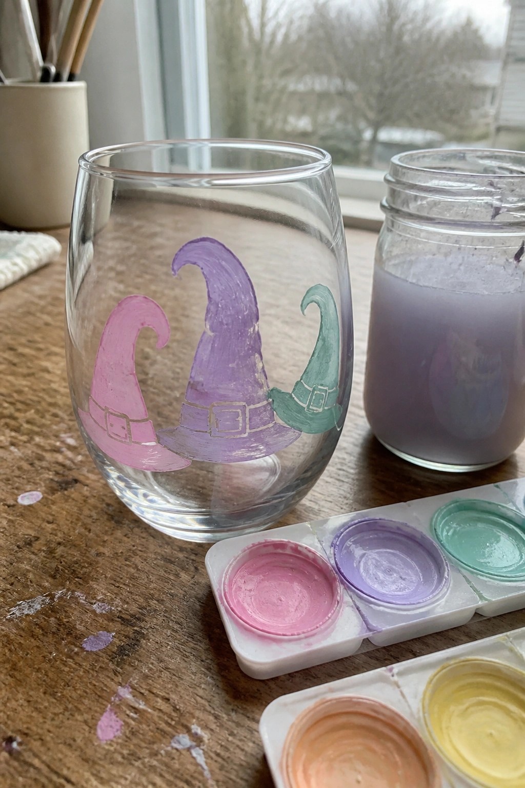 Stemless glass with pink, purple, and green witch hats beside paint palettes.
