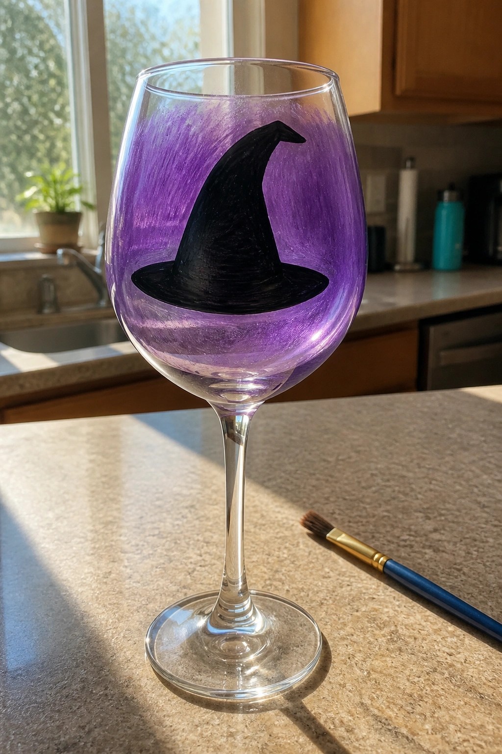 Painted wine glass with black witch hat on purple background beside paintbrush