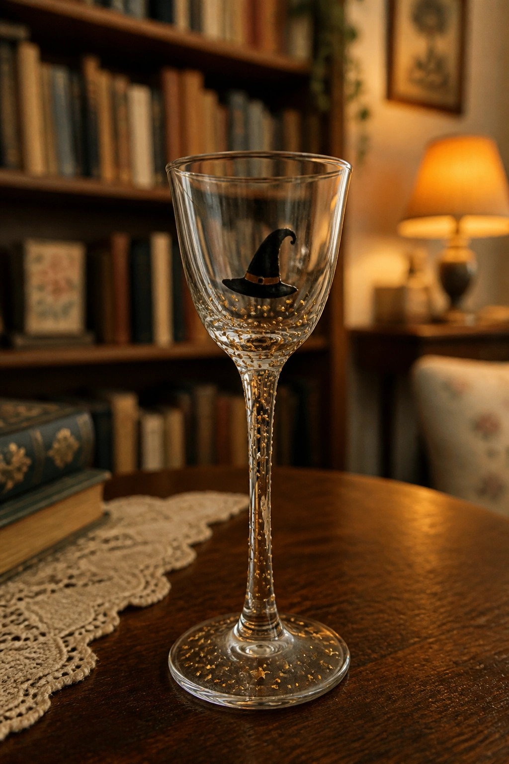 Stemmed wine glass with black witch hat and gold glitter on wooden table