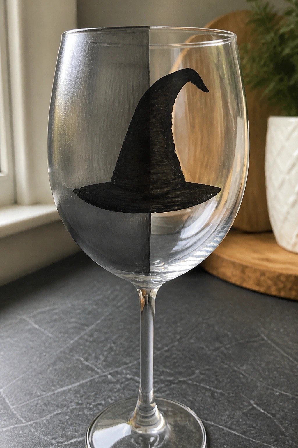 Wine glass half-painted gray with black witch hat silhouette on it