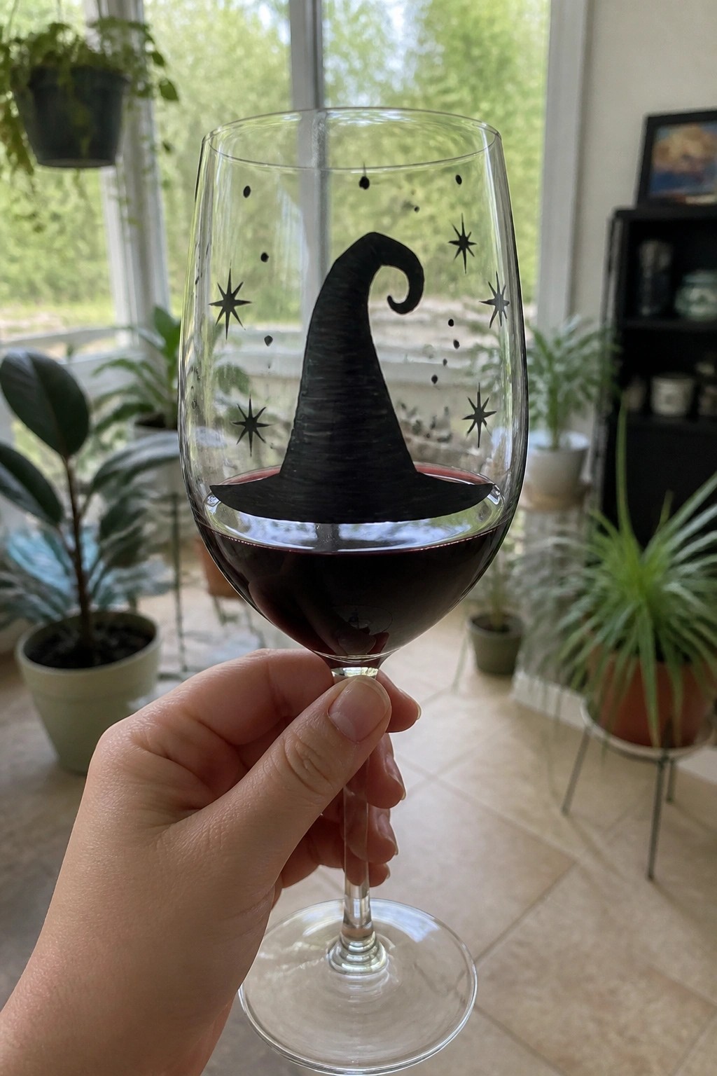 Hand holding wine glass with black witch hat, stars, and red wine inside
