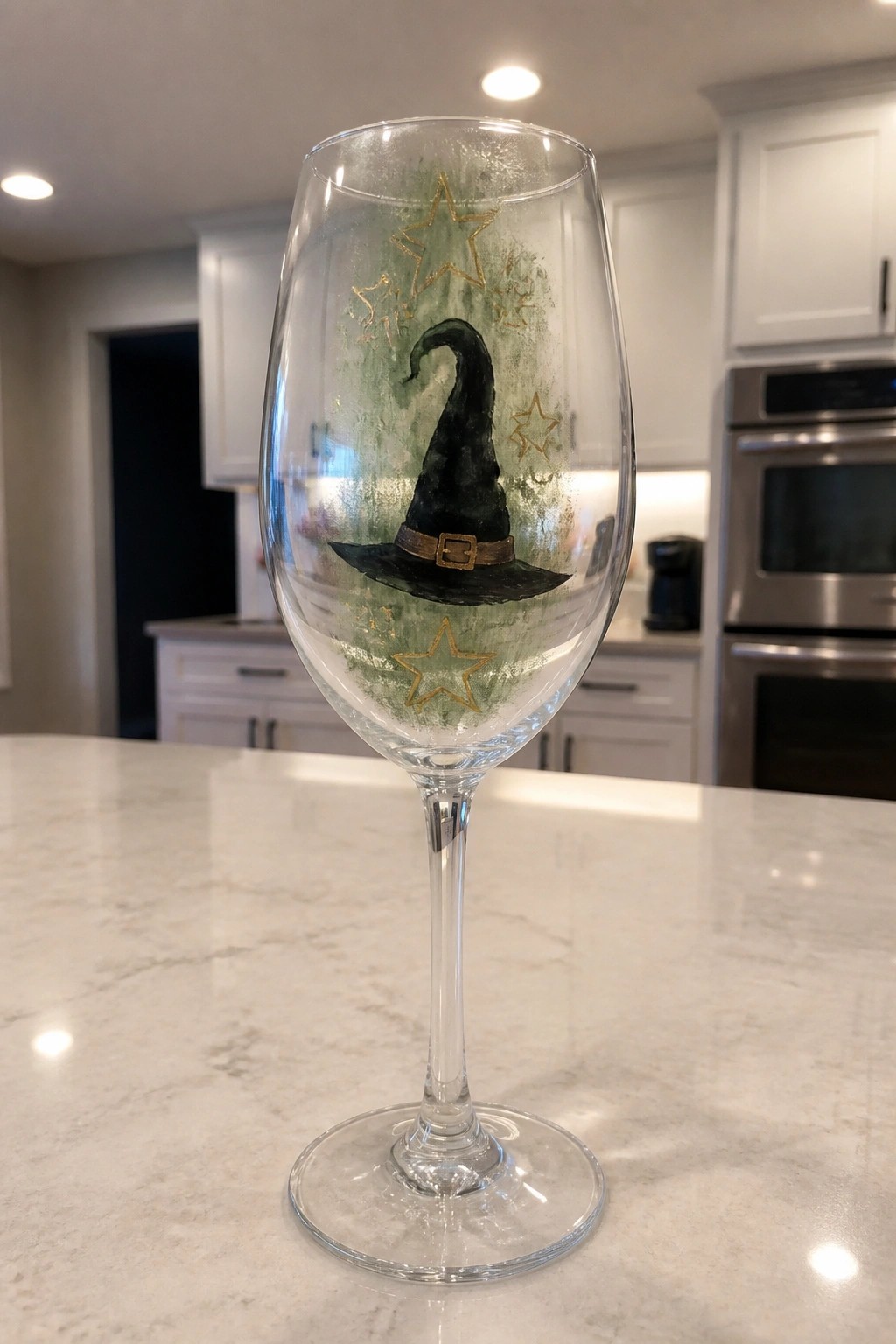 Painted wine glass with black witch hat, gold stars, green wash on marble counter