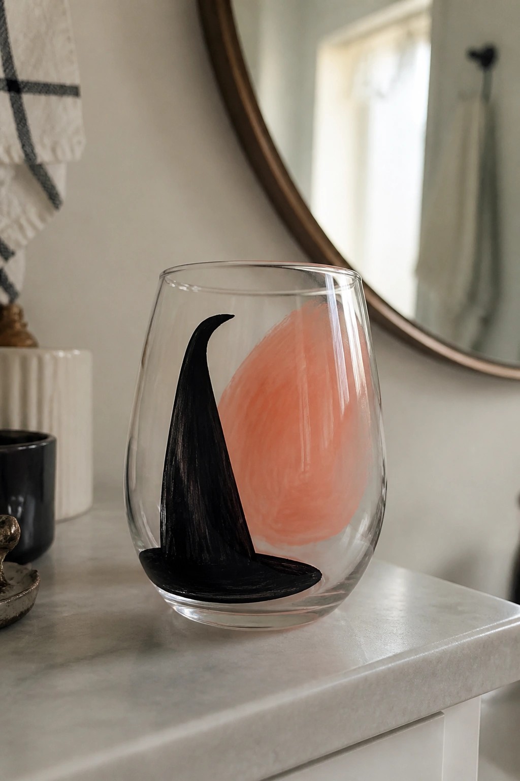 Clear stemless glass with black witch hat and coral moon on marble counter.