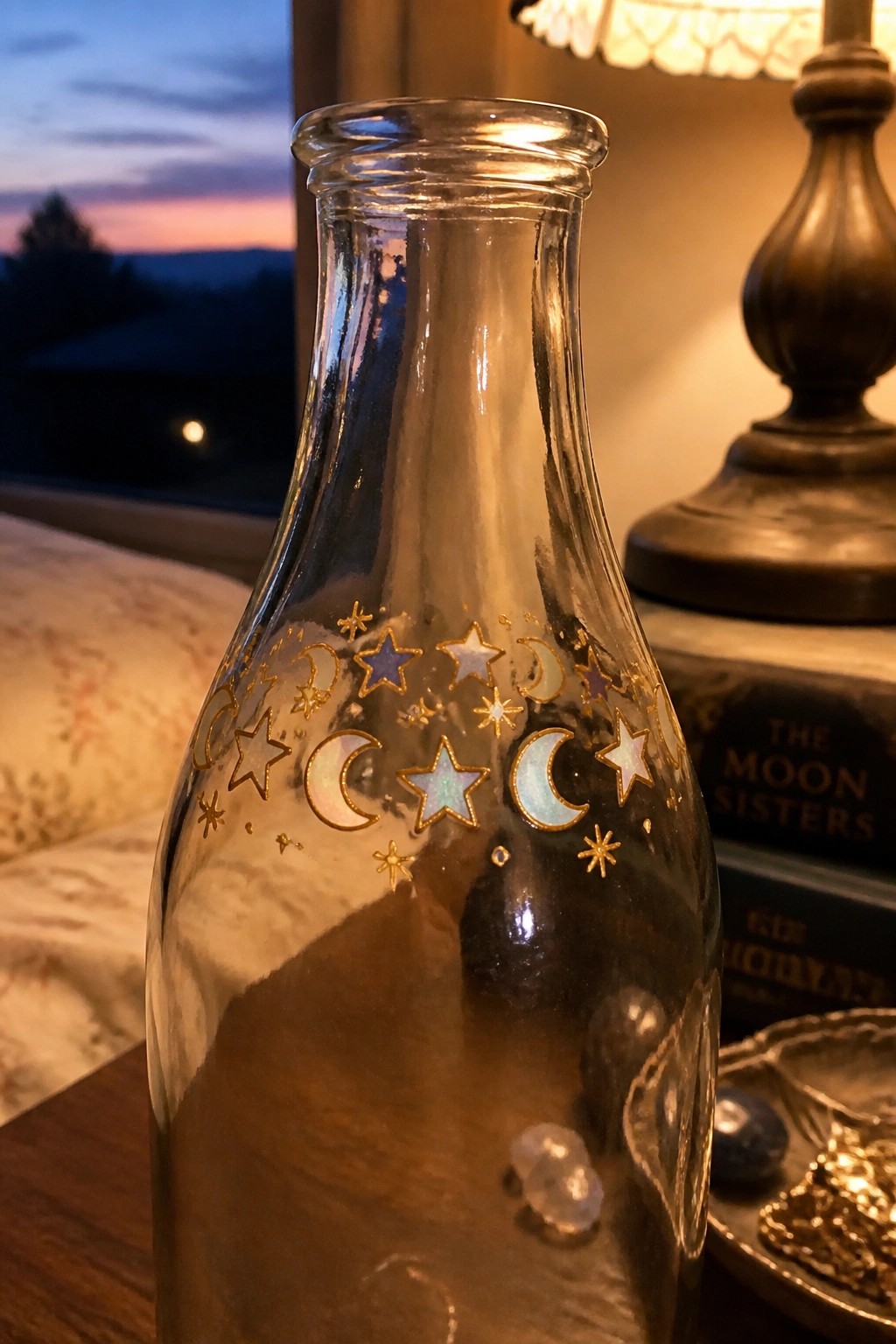 Glass bottle with gold moons and stars beside crystals and books at dusk