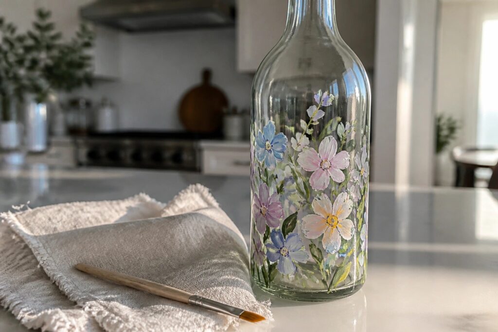 25 Cute Glass Bottle Painting Ideas Perfect for Handmade Gifts Hand-painted glass bottle with pink, purple, and blue wildflowers on marble counter