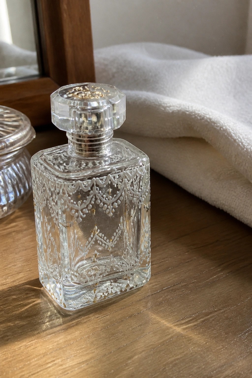 Ornate etched glass perfume bottle with crystal cap on wooden surface beside white fabric