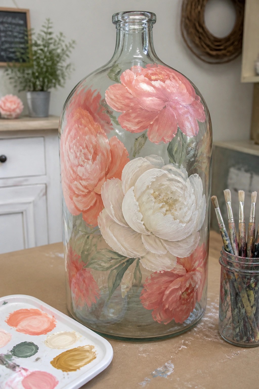 Large glass bottle painted with pink and white peonies beside palette and brushes