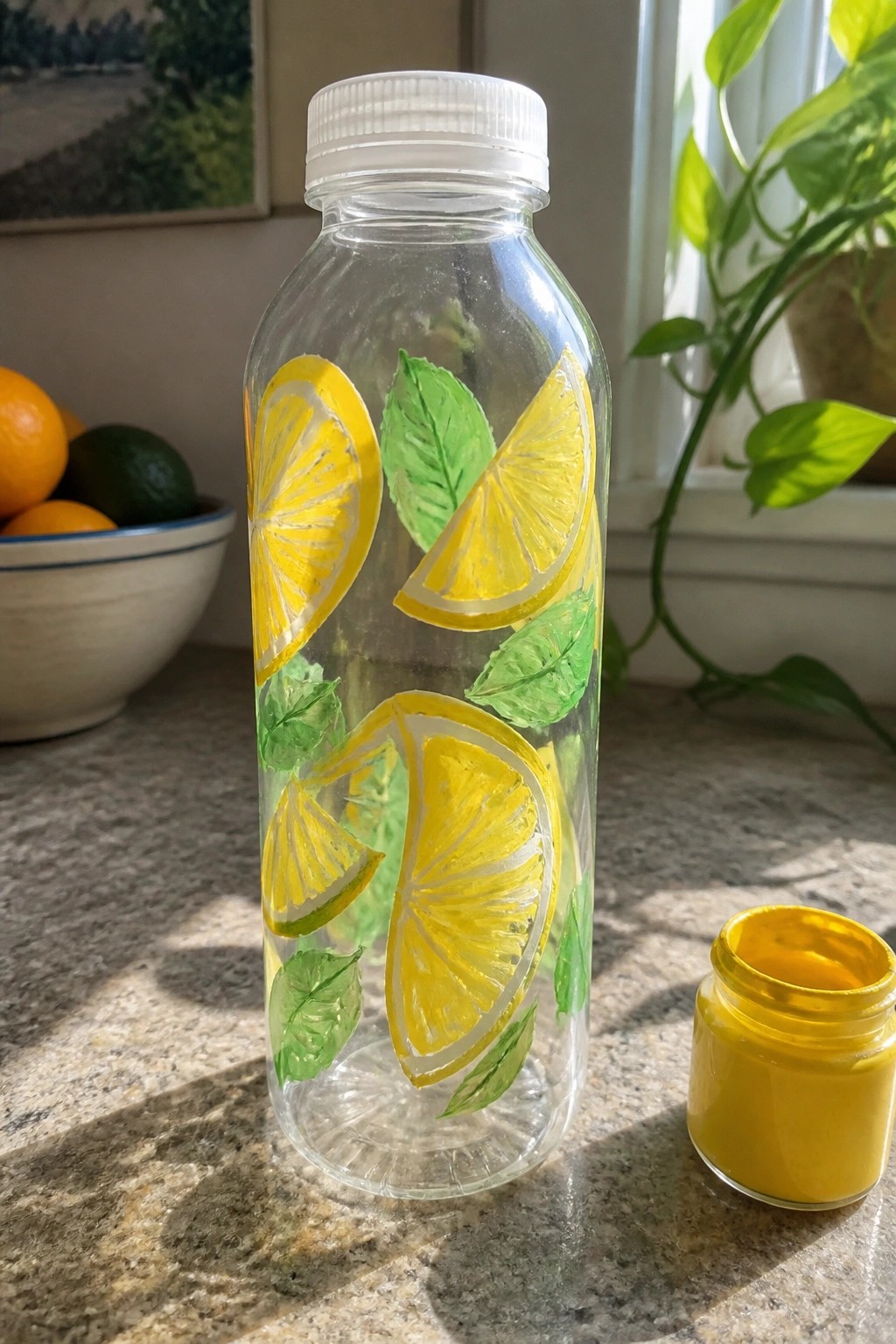 Clear plastic bottle painted with yellow lemon slices and green leaves beside paint jar