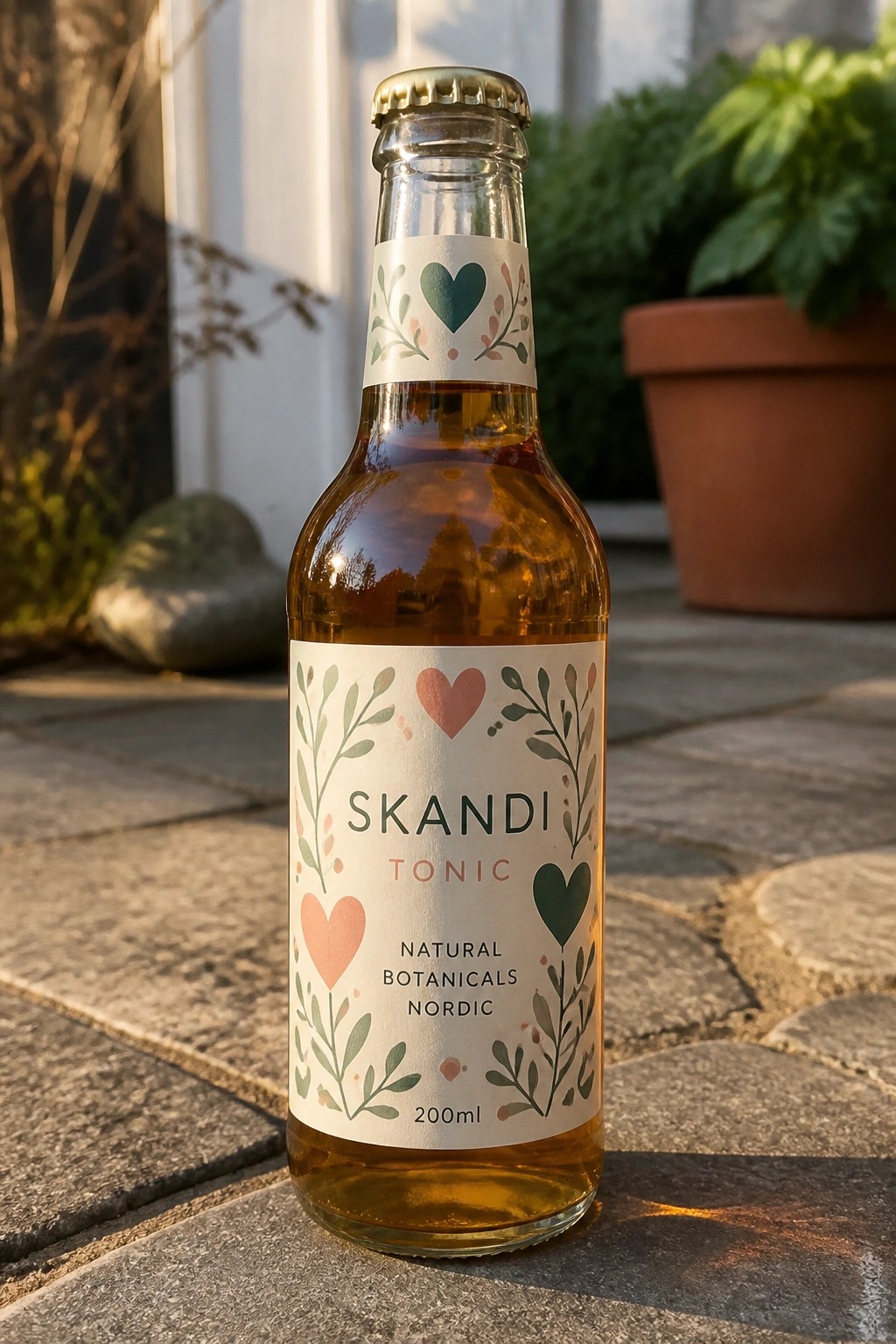 Skandi Tonic bottle with pink and green hearts and leaves on stone pavement outdoors