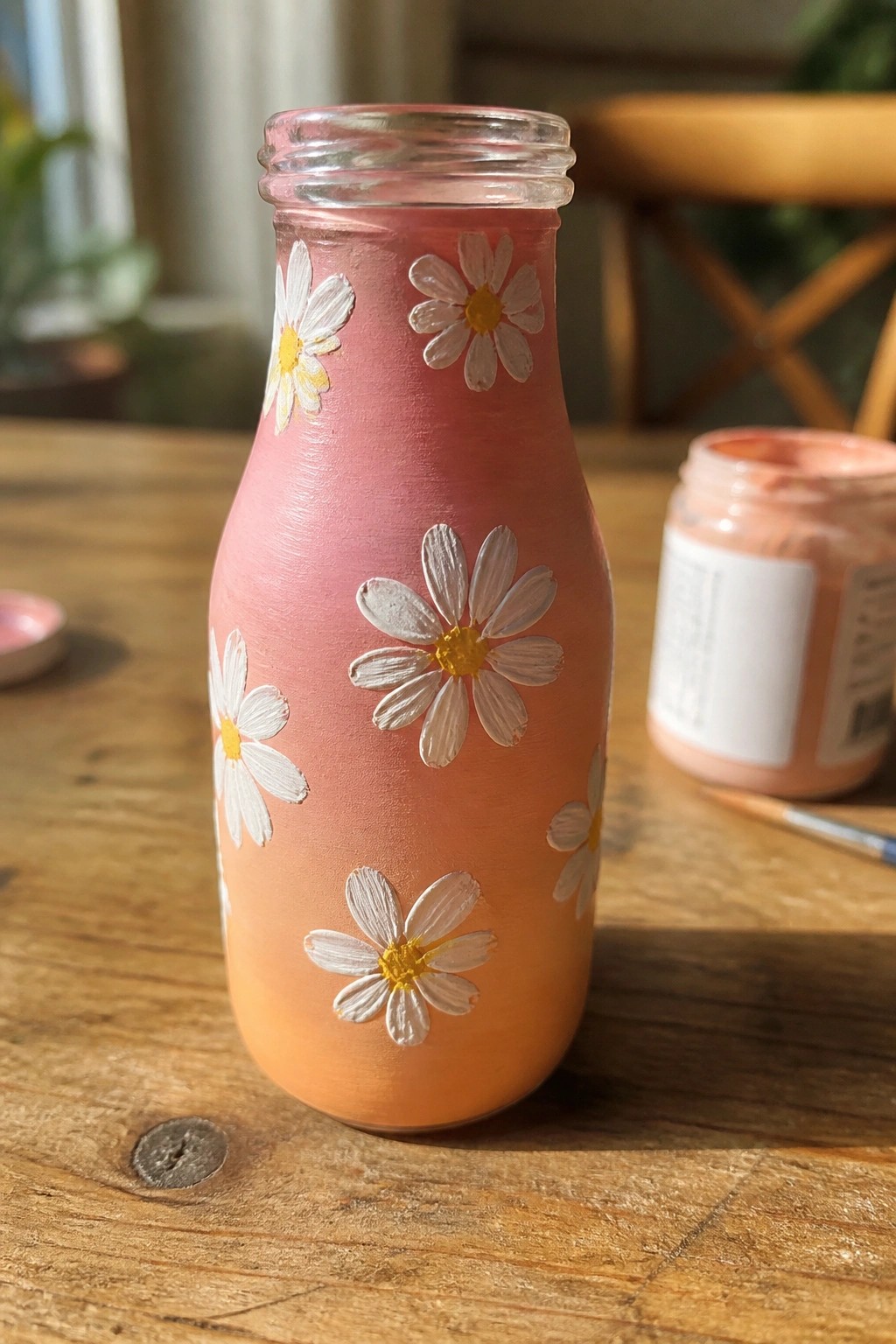 Pink-orange gradient bottle with white daisies on wooden table beside paint jar